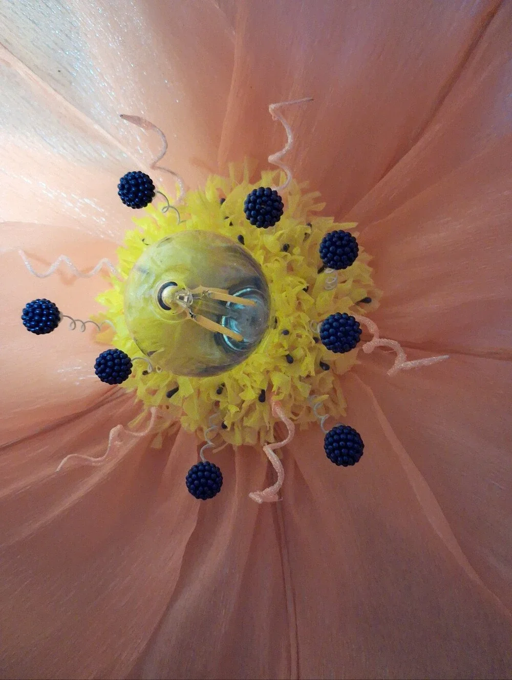 Handcrafted Coral Italian Crepe Paper Flower Hanging Lamp, LED